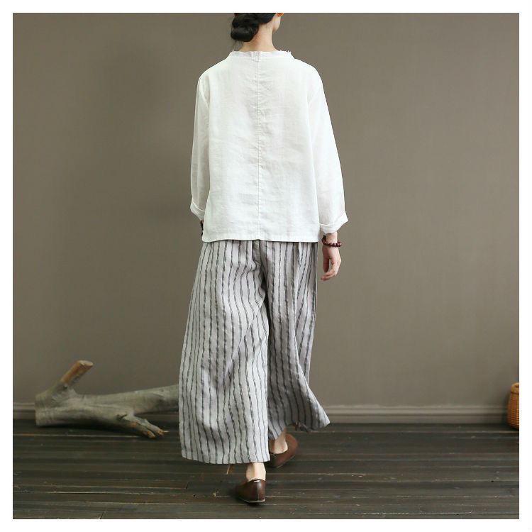 2023 Retro Cotton Linen Striped Wide-Leg Women's Slimming Cropped Pants - Japanese Style Summer Casual Wear