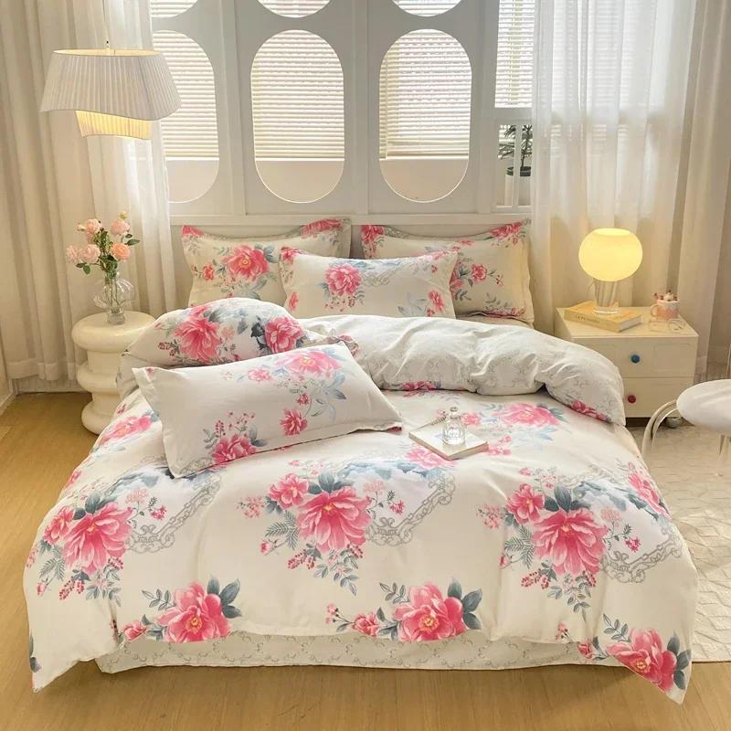 Botanisk Blomstret Dynetrekk Mykt Reversibelt Blomster Dundyne Trekk 4 stk Sengetøy Sett(1 Dynetrekk+1 Laken+2 Putetrekk)
