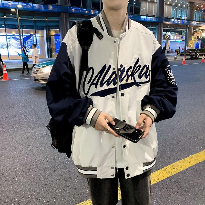 Men's Autumn Embroidered Baseball Jacket - Loose Fit, Trendy Contrast Stitching, American Style, Unisex