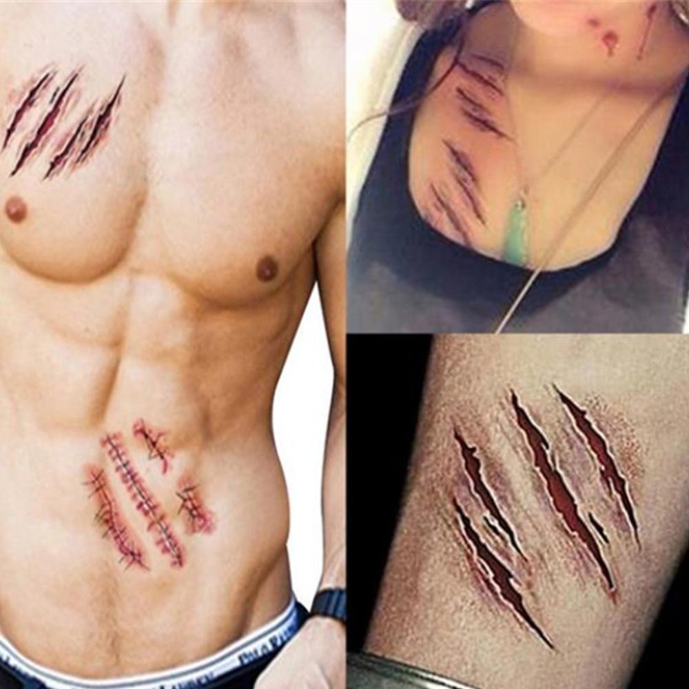 Halloween Zombie Scars Tattoos Waterproof 3D Bite Mark Tattoo Sticker With Fake Scab Scary Bloody Makeup Costume Fake Tattoo