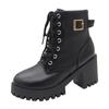 Autumn Single Boots, Laced Black Martin Boots, Round Toe, Chunky Heel, High Heel, Belt Buckle, Women's Short Boots