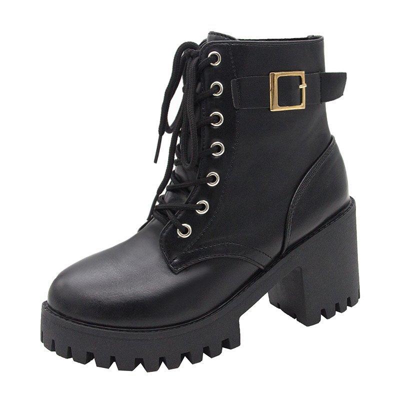 Autumn Single Boots, Laced Black Martin Boots, Round Toe, Chunky Heel, High Heel, Belt Buckle, Women's Short Boots
