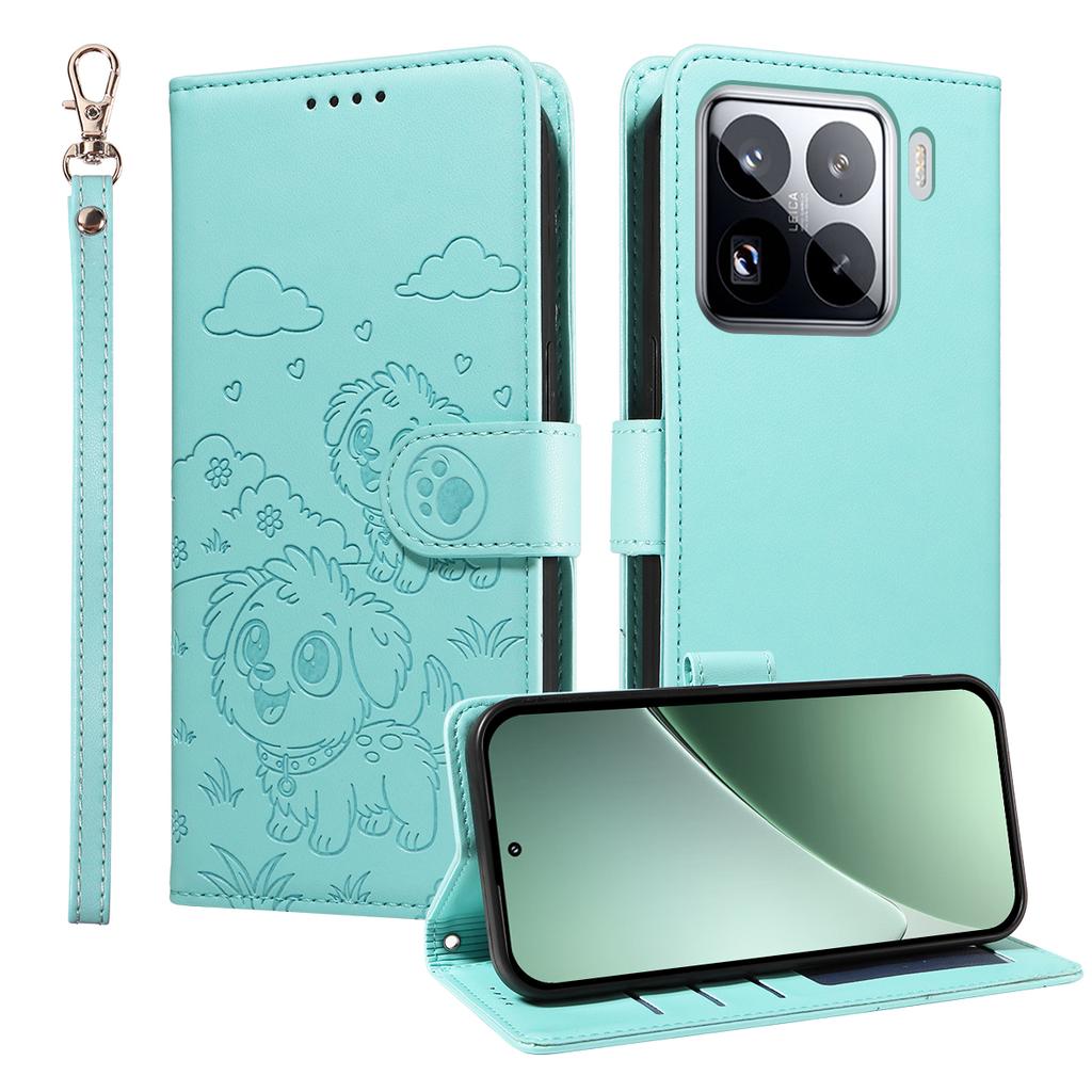 For Xiaomi 15 Pro Case RFID Blocking Imprint Dog Pattern PU Leather Phone Cover with Wrist Strap