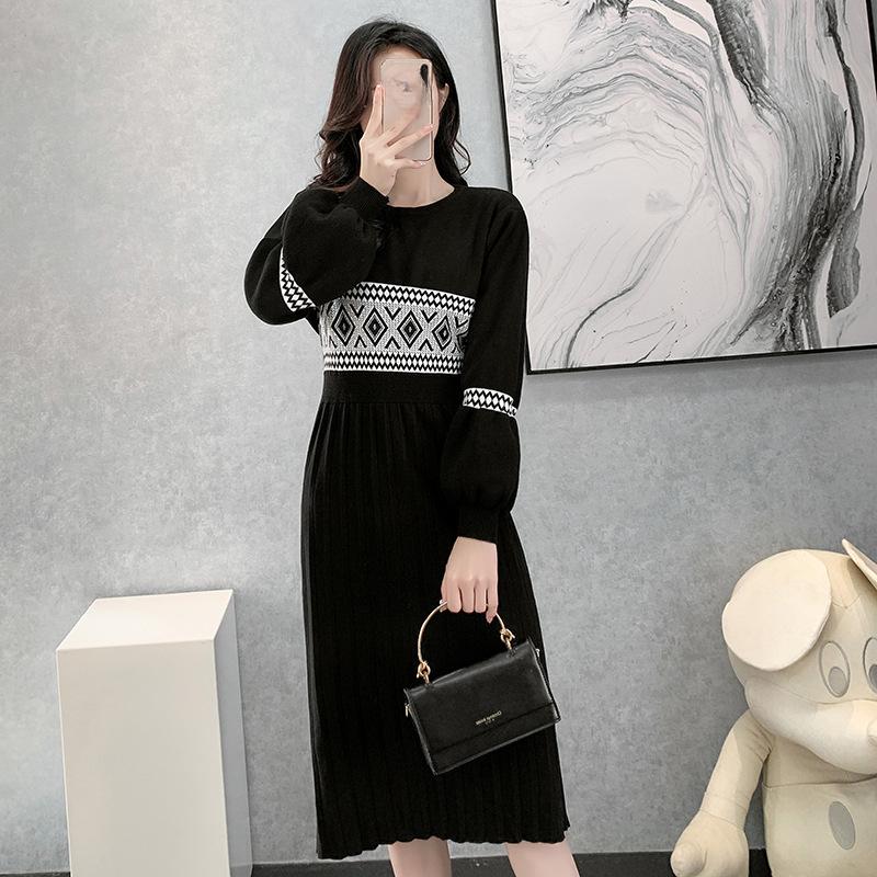 Lingge Pattern Autumn and Winter Knitted Dress Fashionable Women's Clothing Design Inspired Flared Sleeve Skirt