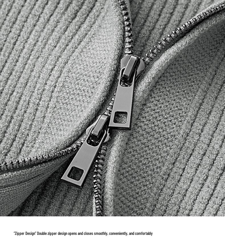 Men's High Neck Double Zipper Cardigan Sweater Jacket - Solid Color, Loose-Fit Knit Top for Autumn and Winter