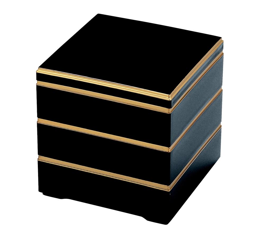 Wakaizumi Lacquerware, 3-Tiered Jubako Box, Kagekura Jyu, Black with Gold Rim (Black Interior), 7.5 inches, H-158-39-A