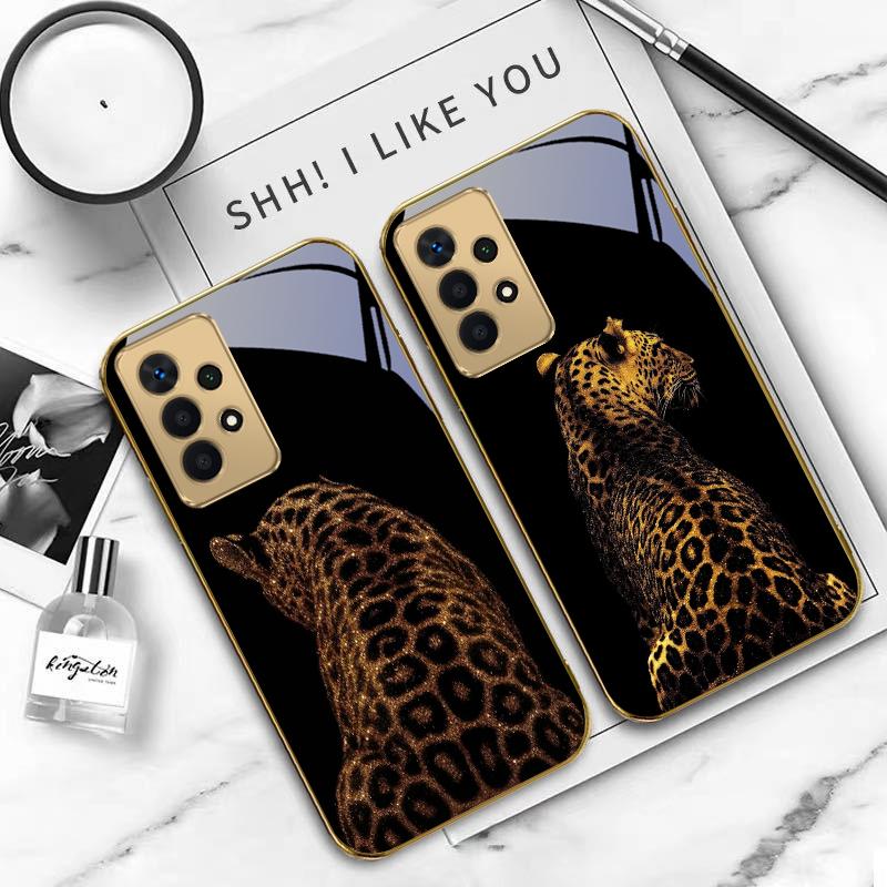 leopard background black For Samsung A 01 52S A04 A05S A10 A12 13 22 23 24 36 42 M02 Note 10 20Ultra 8 9 Golden glass phone case