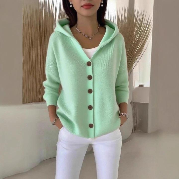 2026 European & American Button Knit Hooded Jacket - Autumn/Winter Women's Casual Fashion Solid Color.