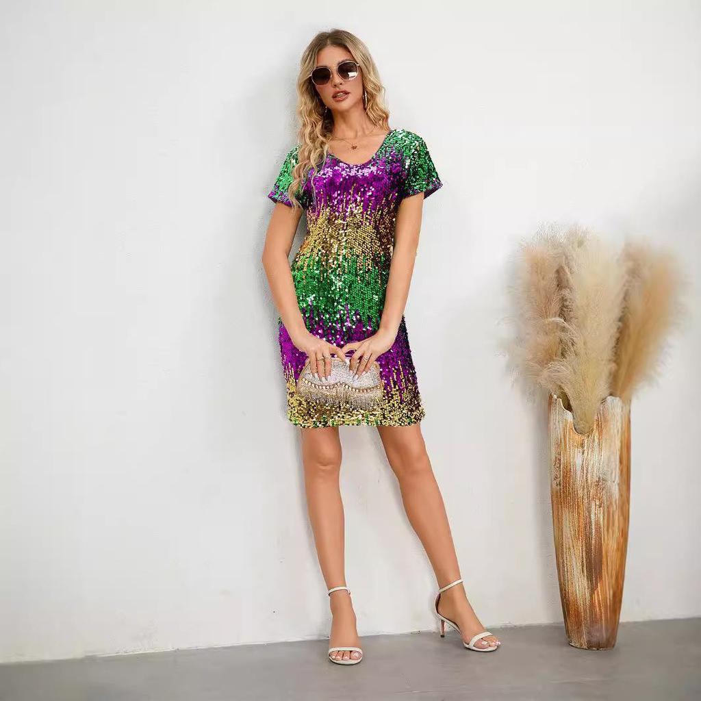 10542 European & American Gradient Sequin V-neck Backless Mini Party Dress