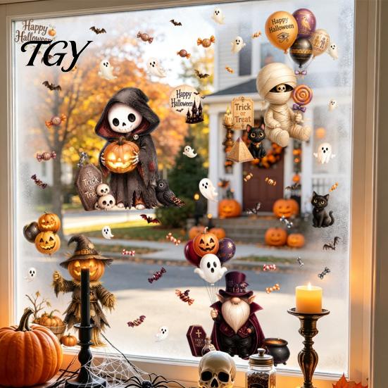 Waterproof Pumpkin Ghost Murals 4Pcs Halloween Cartoon Window Clings, Scarecrow Stickers, Festive Black Cat Wall Decor Removable Decals