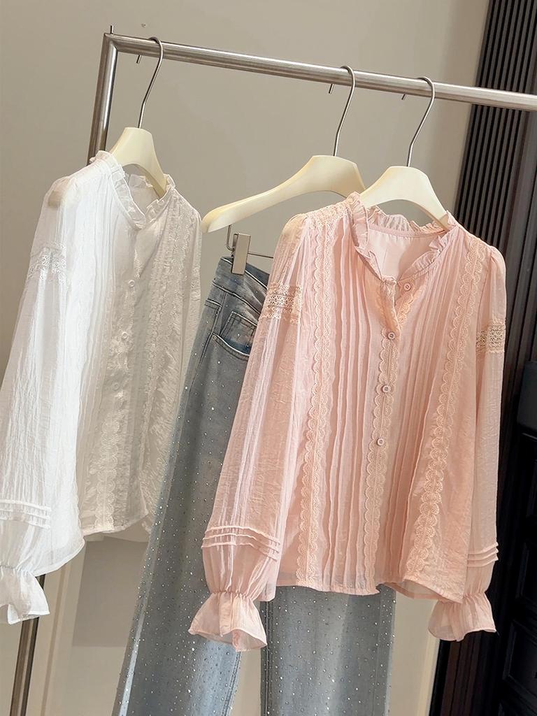 Korean Style High-End Lace Patchwork Lantern Sleeve Shirt for Women - Spring Fashion Top