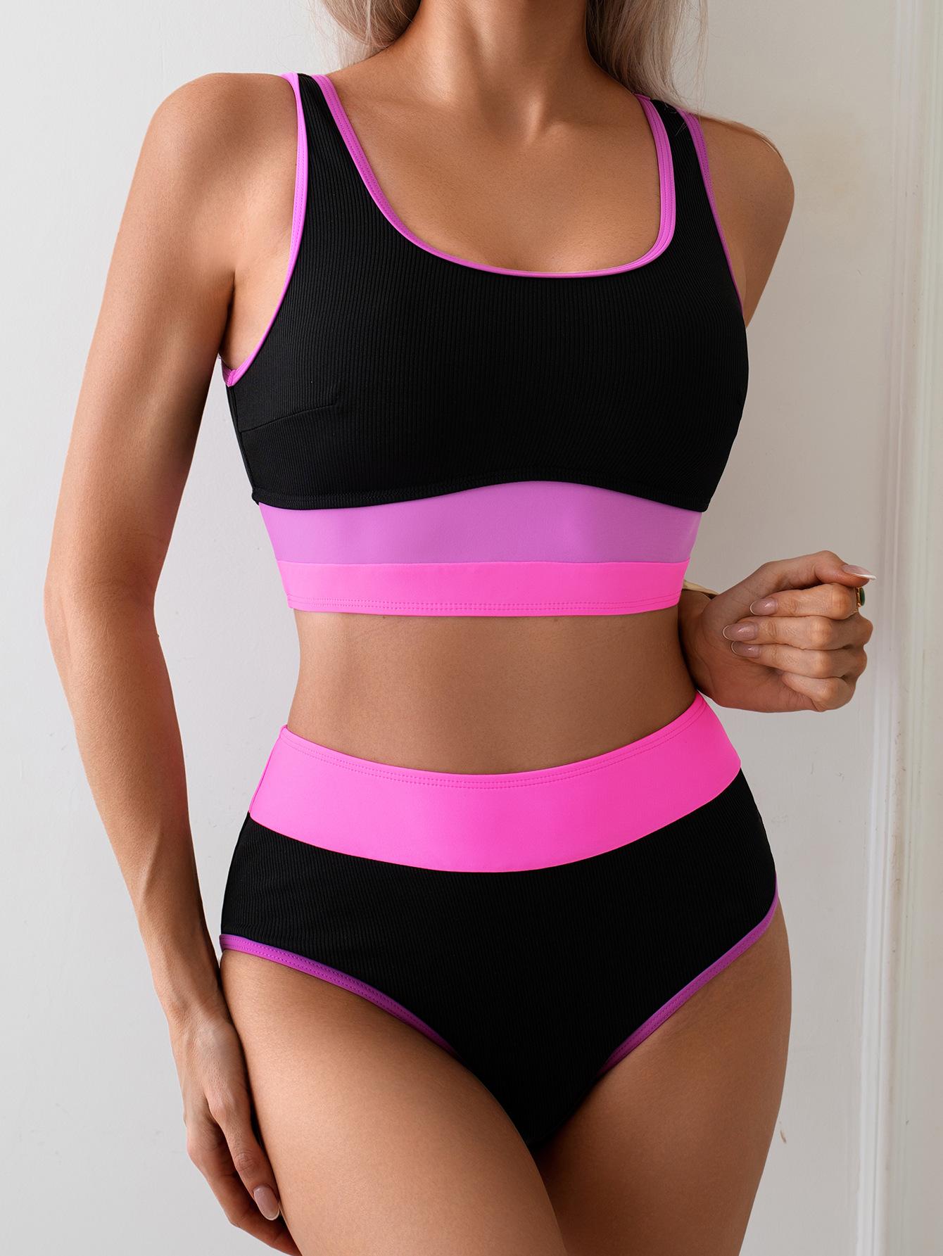 

Vintage Black Pink Patchwork Bikini Set 2025 Women Sports Push Up High Waist Swimsuit Summer Bathing Suit Pool 2 Piece Swimwear S чорний