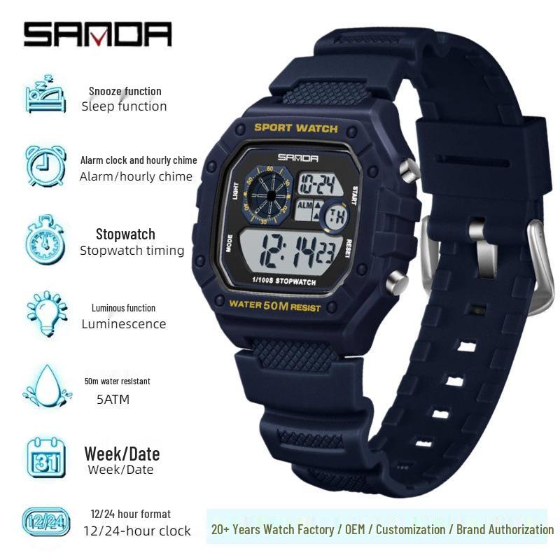 Sanda Multifunktionale Leuchtende Wasserdichte Unisex Quadratische Elektronische Uhr