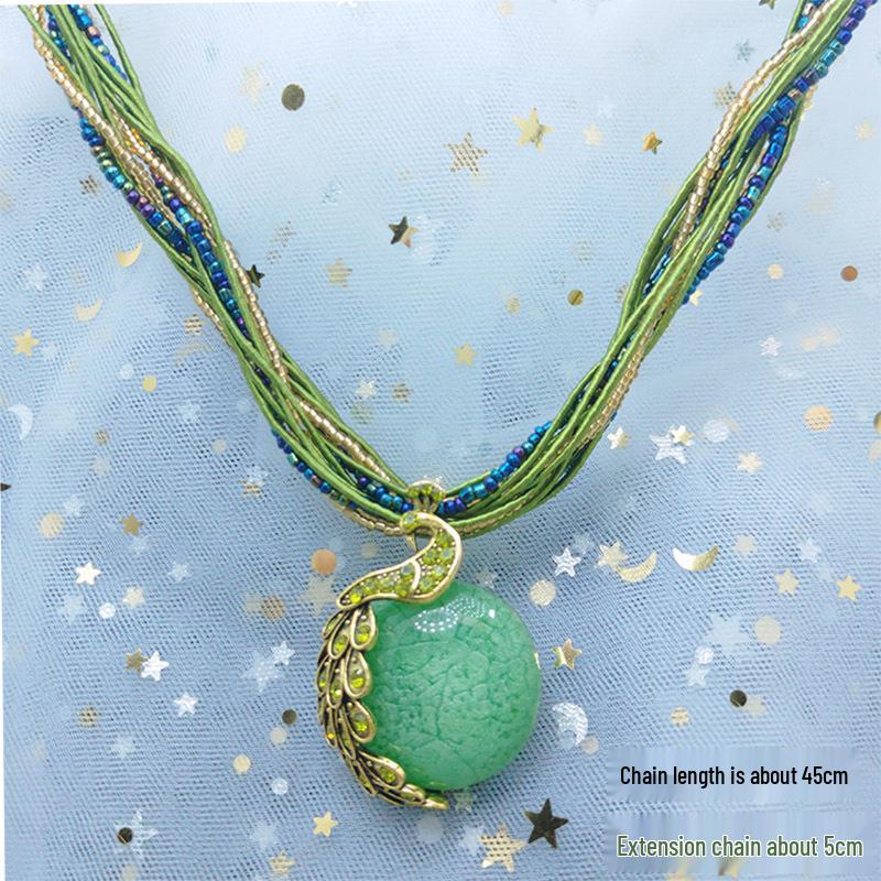 Bohemian Ethnic Style Vintage Glass Water Drop Leaf Pendant Necklace