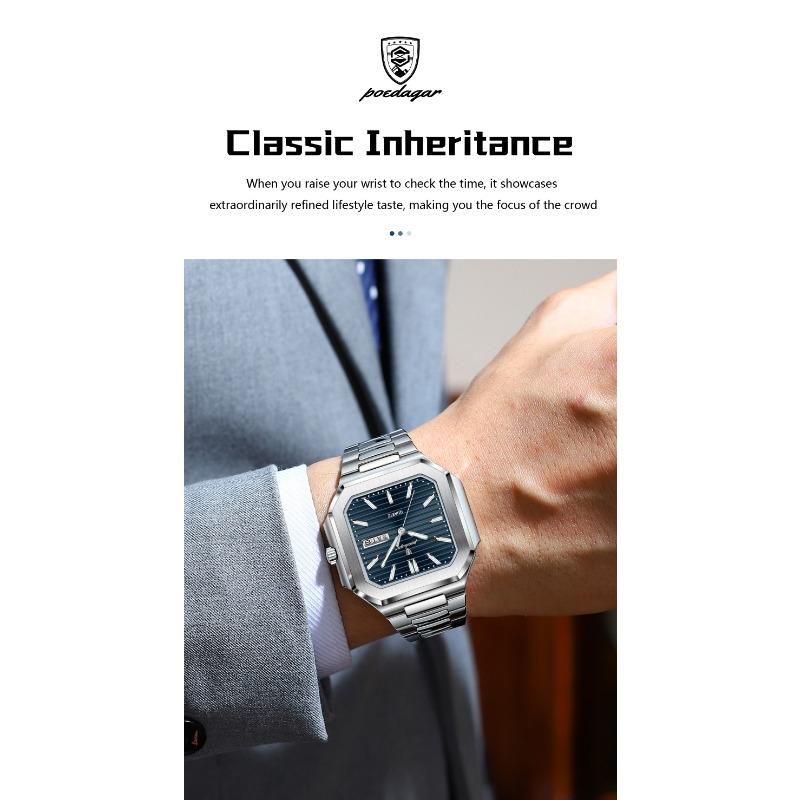 POEDAGAR Luxury Square Fashion Man Wristwatch Waterproof Luminous Date Week Quartz Watches Stainless Steel Watch