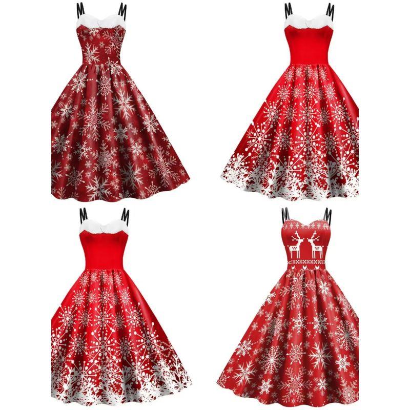 

In Stock 2024 Amazon Hot Fashion Wind Hot Sale Christmas Carnival Sexy Sling Snowflake Print Dress 9800 XL