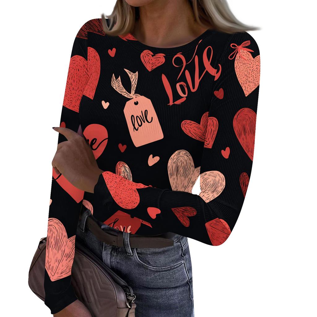 Haut côtelé décontracté et tendance pour femme, à col rond et manches longues, avec imprimé Saint-Valentin.