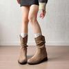 Medium boots pleated thick heel no thin V thin pile autumn mouth women's boots western versatile boots women's fashion