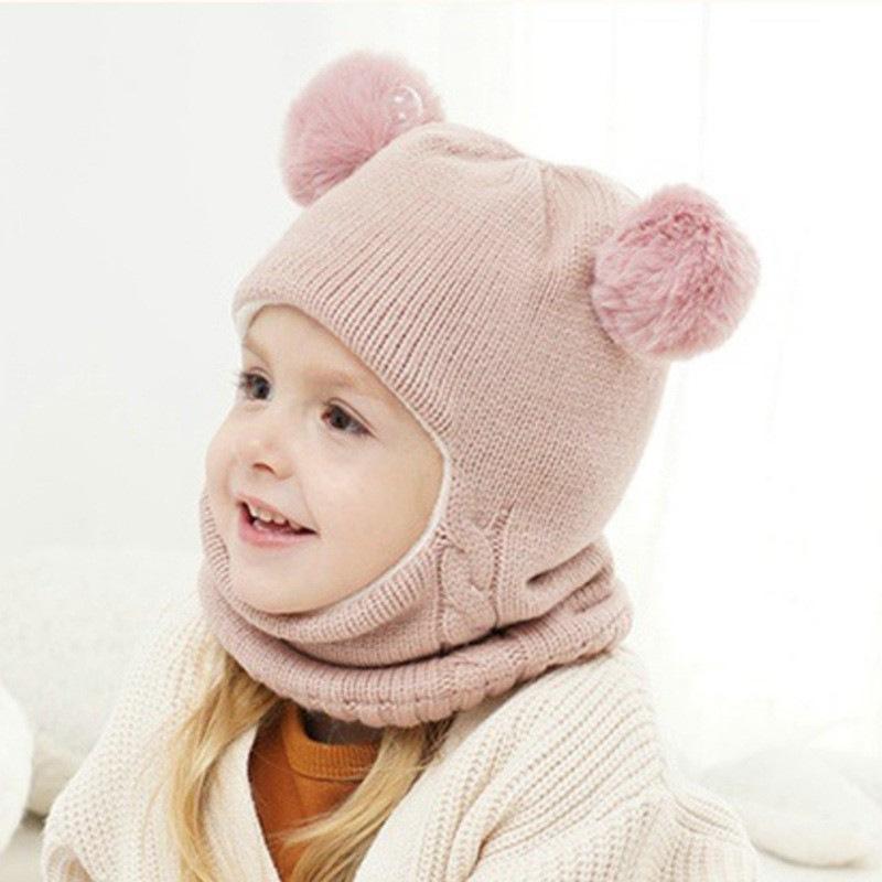 1-4 Years Kids Winter Hat Scarf Set - Sweet Bear Knitted Ear Flap, Warm Soft Integrated Cap, Hand Washable Toddler Accessory