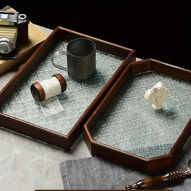 Black/White Square or Octagon 1pc Vintage Wood Crabapple Embossed Glass Desktop Tea tray,Walnut Snack Fruit Household Storage Tray.