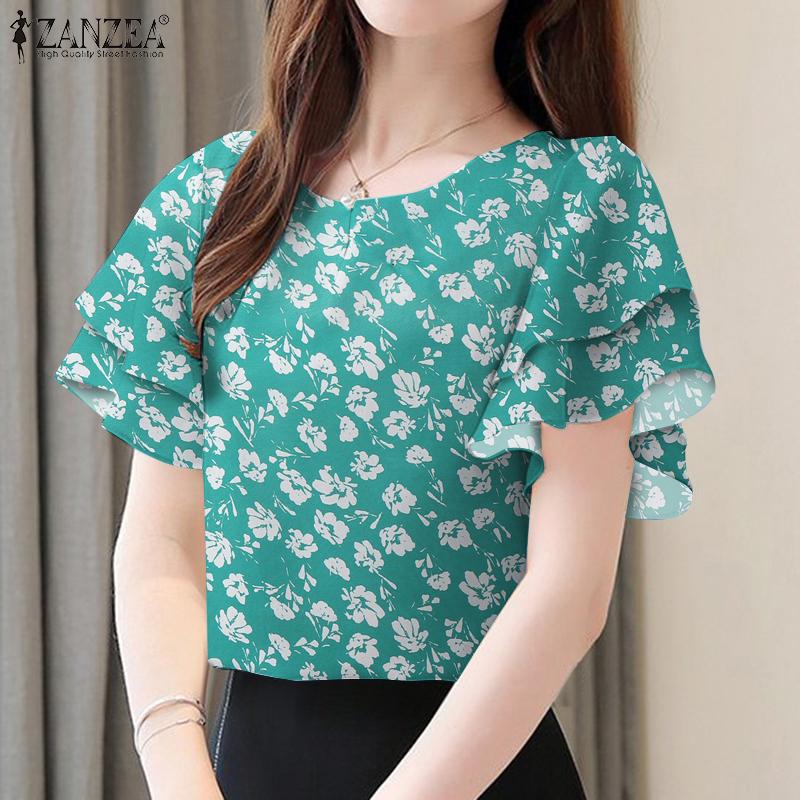 

ZANZEA Women Casual Ruffles Sleeve Summer Floral Print Blouse S тёмно-синий