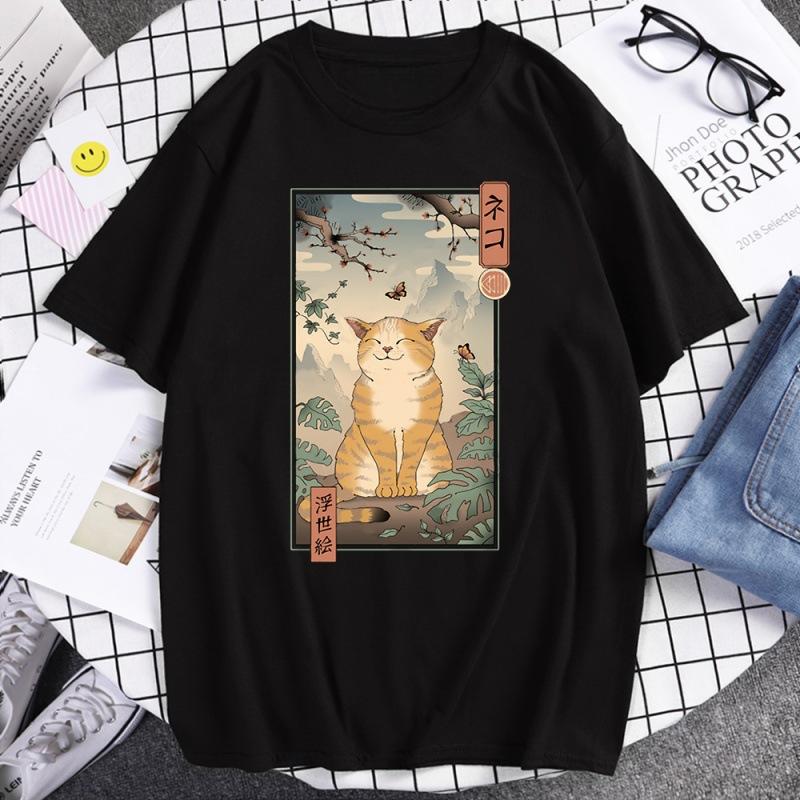 Japanese Harajuku Samurai Sword Cat T-Shirt Men Women Casual Tee Clothes Polyester Summer Tops Breathable Oversized T-Shirts Couple
