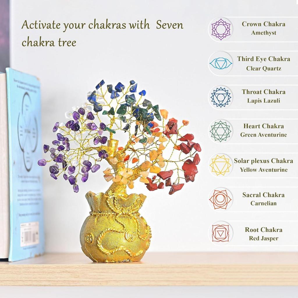 Glücksbringender Feng Shui 7 Chakra Baum mit goldenem Geldsack-Sockel - Heilkristall Edelstein Bonsai Baum für Reichtum, Wohlstand, positive Energie,