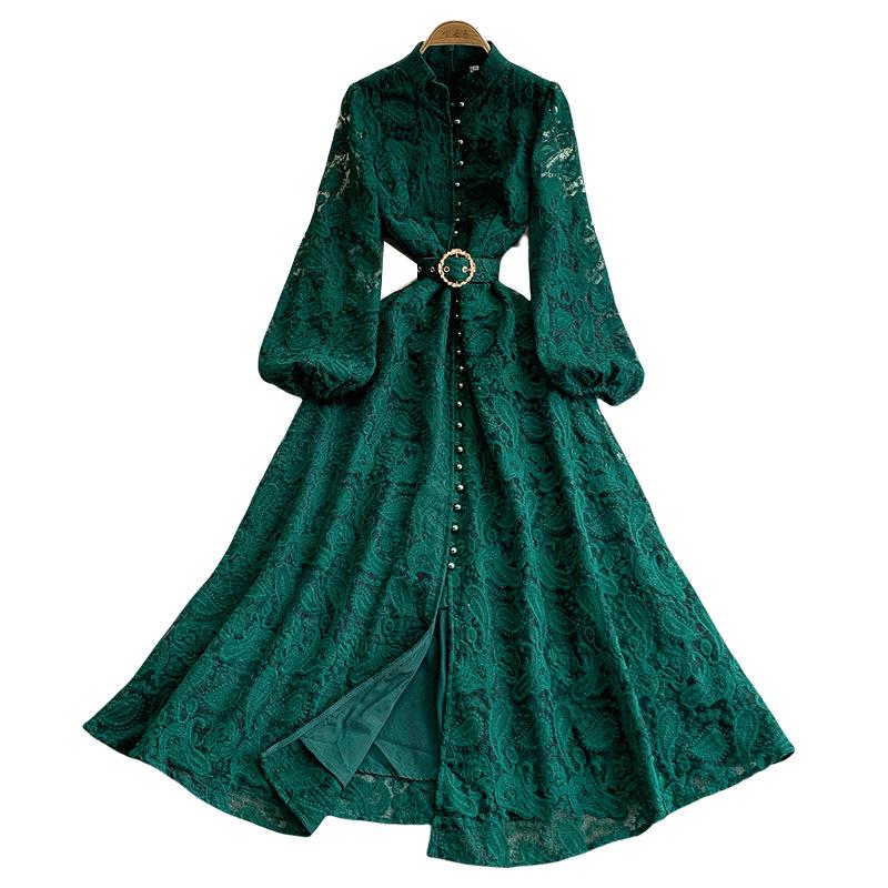 French Court Style Retro Lace Stand-up Collar Lantern Sleeve Dress Women's Spring and Autumn Breasted Waist Big Swing Elegant Long Dress