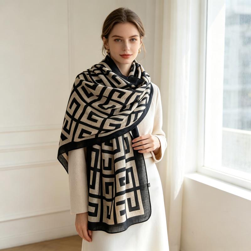 Coffee neck scarf women's spring and autumn thin versatile neck scarf shawl dual-purpose silk scarf long scarf winter