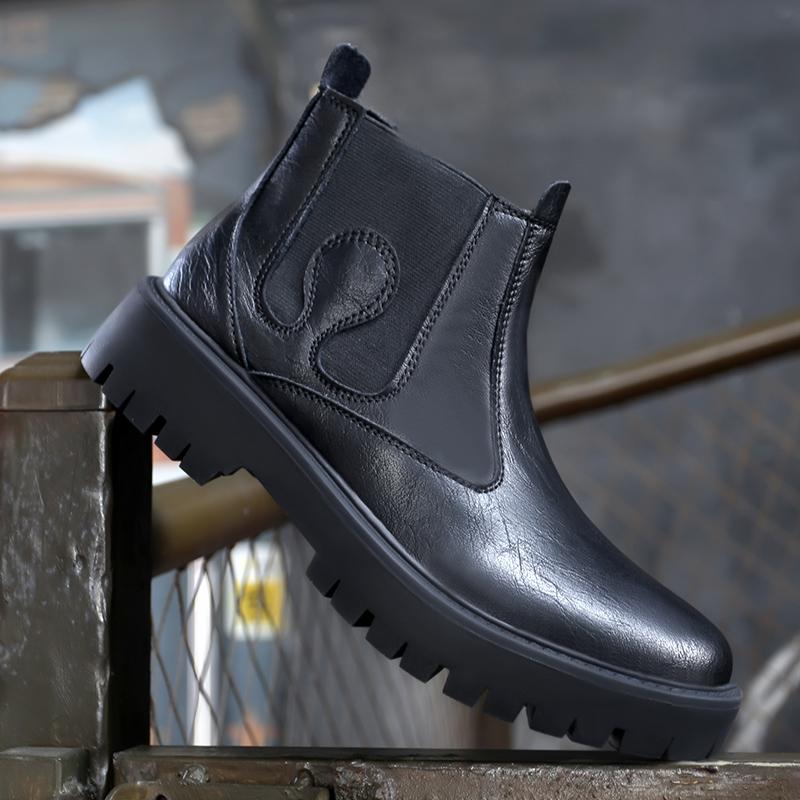 Fashion Leather Mens Chelsea Boots New Men Winter Plush Snow Boots Soft Ankle Boots Formal Male High Top Shoes Comfy Warm Botas