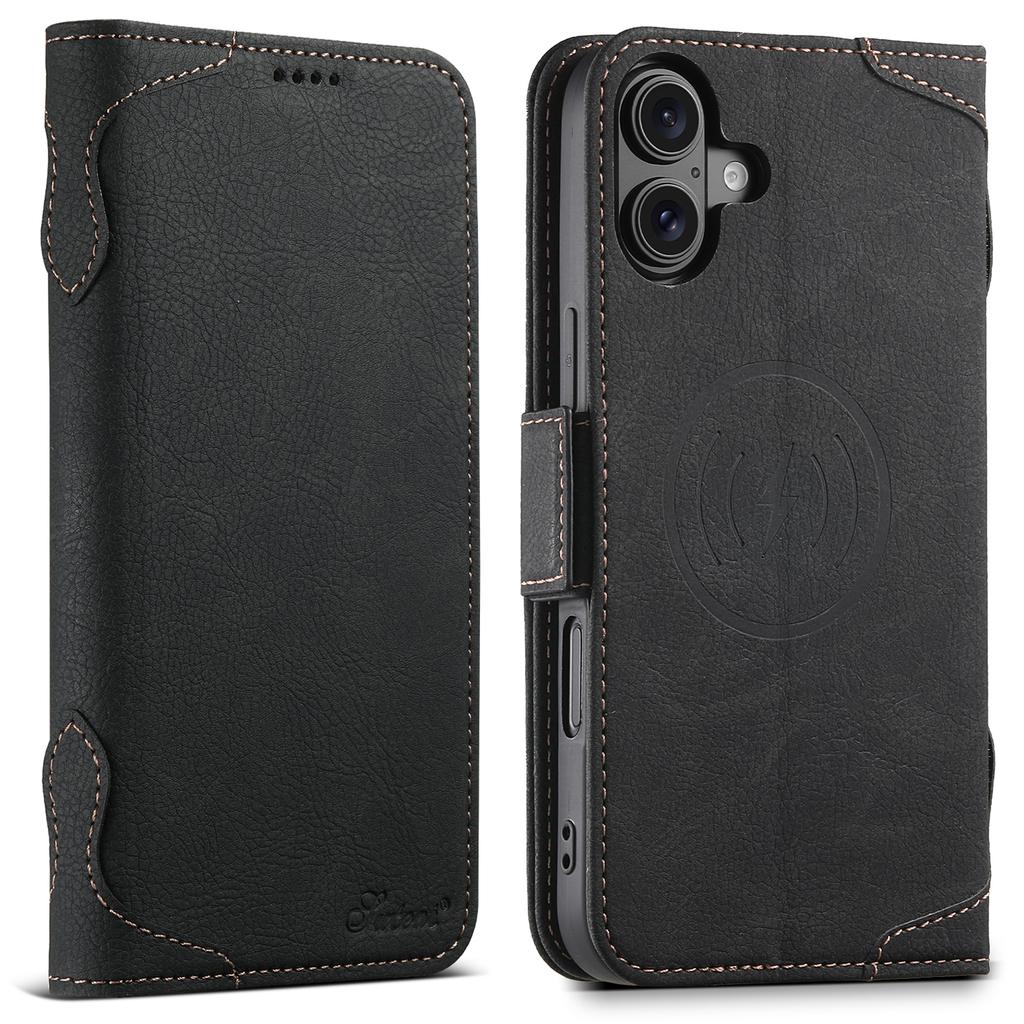 SUTENI J07 For iPhone 16 Plus Case Compatible with MagSafe Litchi Texture Leather Wallet Phone Cover