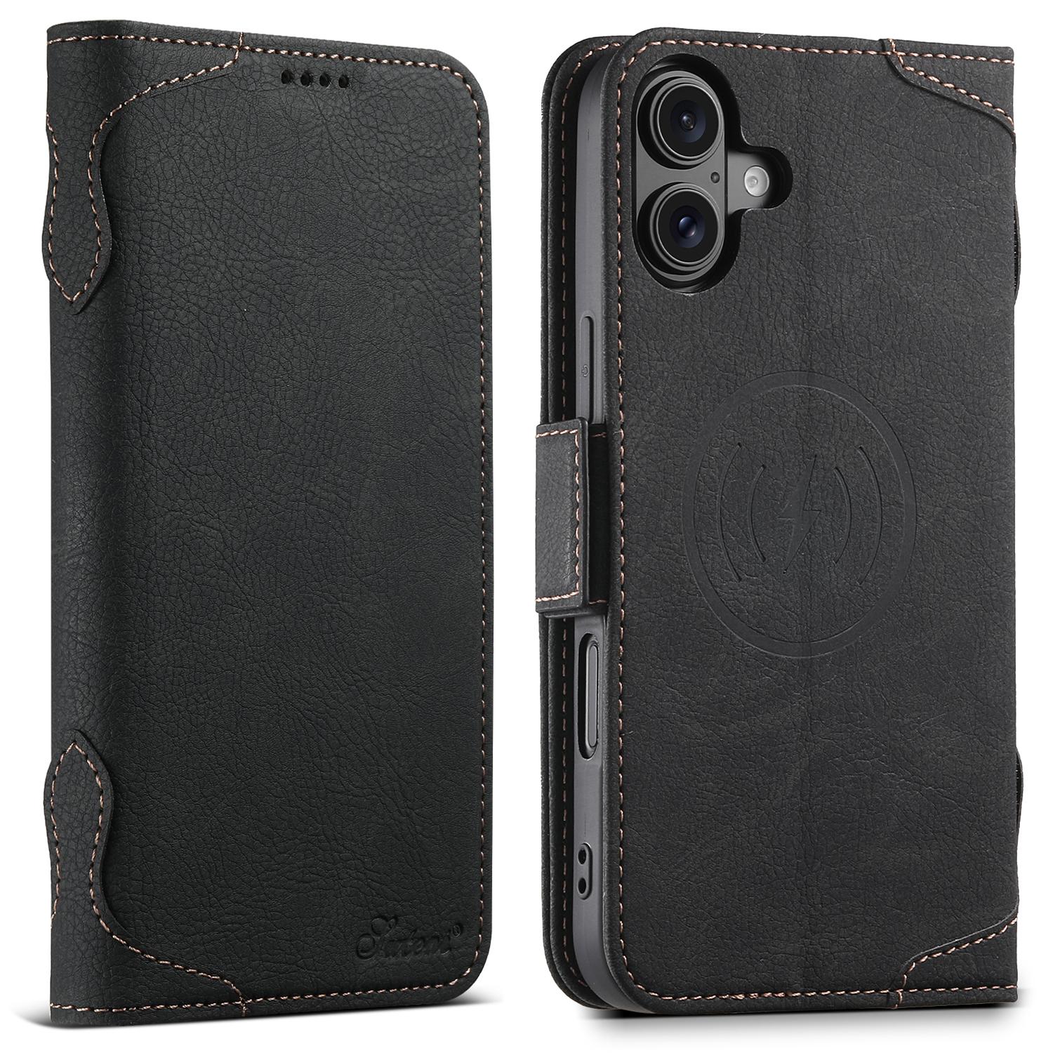 

SUTENI J07 For iPhone 16 Case Compatible with MagSafe Litchi Texture Leather Wallet Phone Cover A