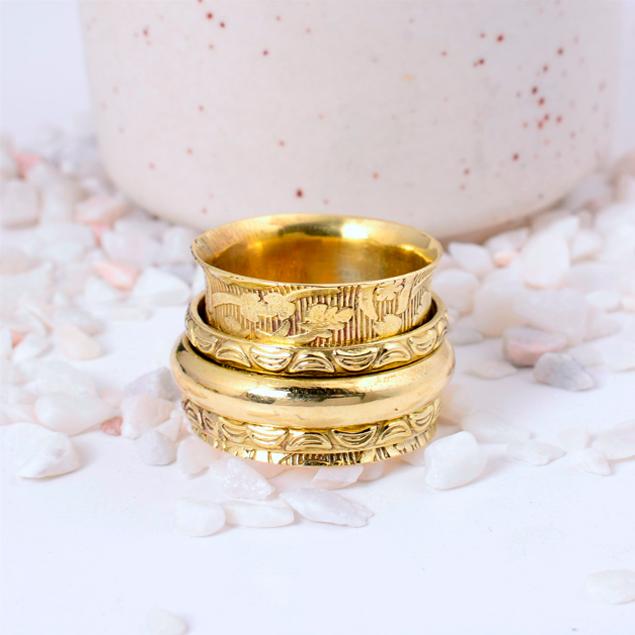 Stacked Brass Spinner Fidget Ring | Floral, Smooth, & Scalloped Bands | Unique Anxiety Relief Statement Jewelry
