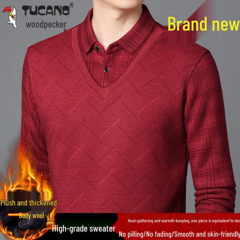 High-End Men s Faux Two-Piece Knit Sweater with Velvet Lapel - Warm Winter Wear 4XL for 180-200kg