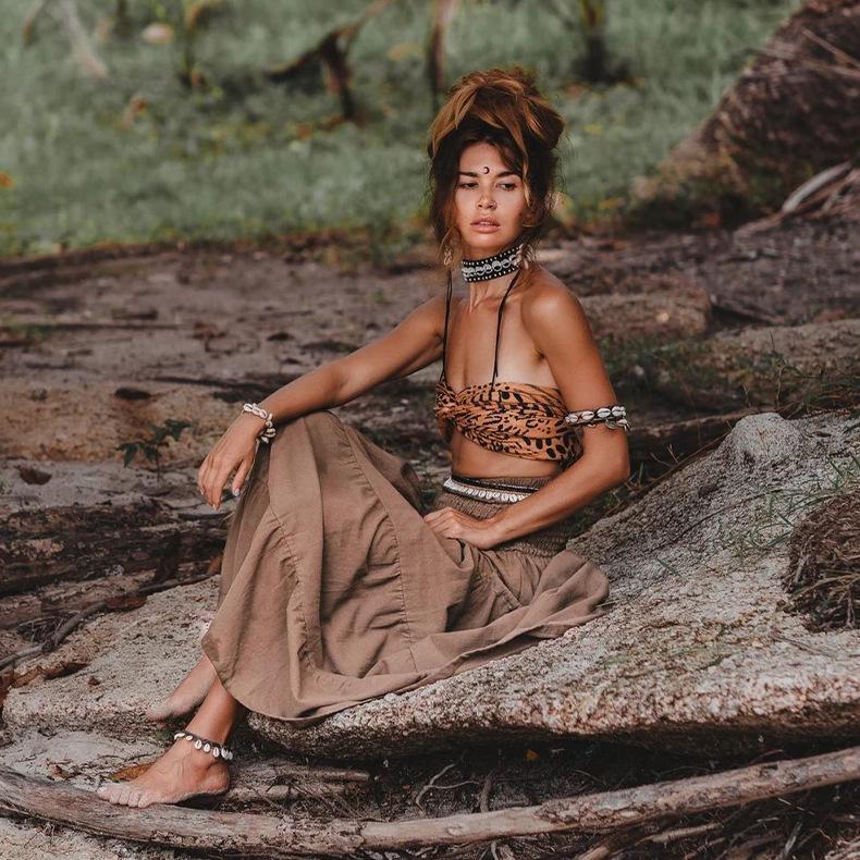 

2025 Жіноча Богемна Однотонна Довга Спідниця з Кишенями, Двосторонній Загортальний Стиль Small темно-коричневого кольору