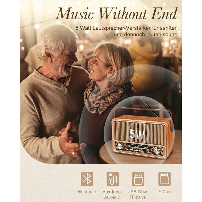 Radio Retro AM/FM/SW Małe, Radio Walizkowe z Baterią 1800 mAh lub Zasilaniem AC, Radio Kuchenne Radio Nostalgiczne z Bluetooth, Obsługuje USB/TF/AUX