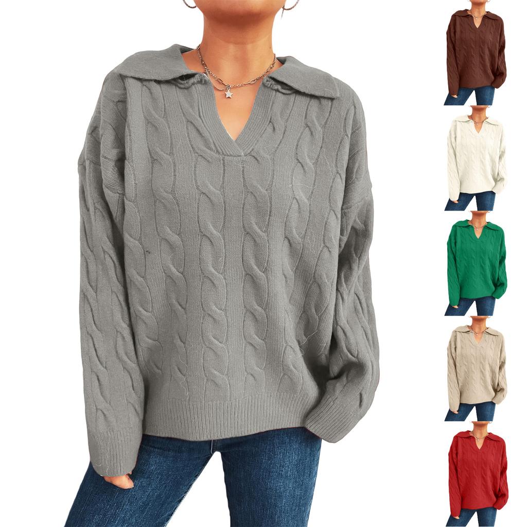 Women's Fashion Casual Loose  Semi-Retro Cable Lapel Long Sleeve Knit Sweater Pullover