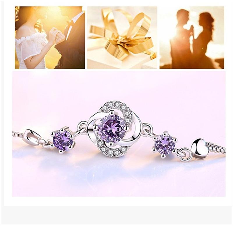 Top Grade 925 Sterling Silver Bracelet for Lady Birthday Gift Sparkling Crystal Purple Flower Clover Bracelet Women Jewelry