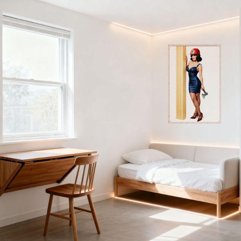 Sexy Woman with Axe Tin Sign, Vintage Metal Wall Decor, Red Hat Navy Dress Art for Bar Pub Home Cafe, Vertical Grooved Pillar Fr