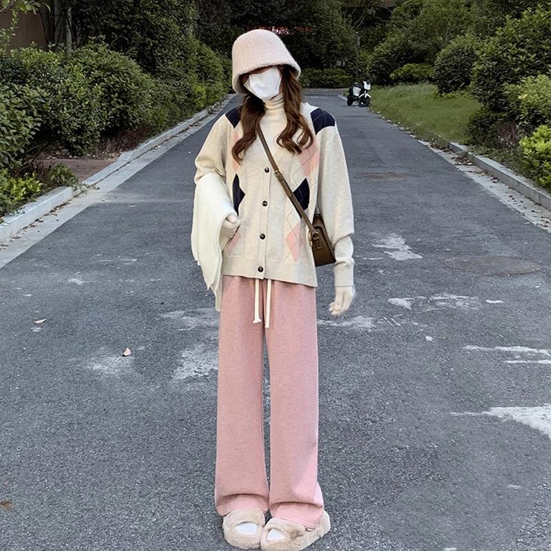 Pink Faux Cashmere Knitted Pants For Women Autumn Winter Thickened High Waist Relaxed Straight Leg Wide Leg Casual Trousers