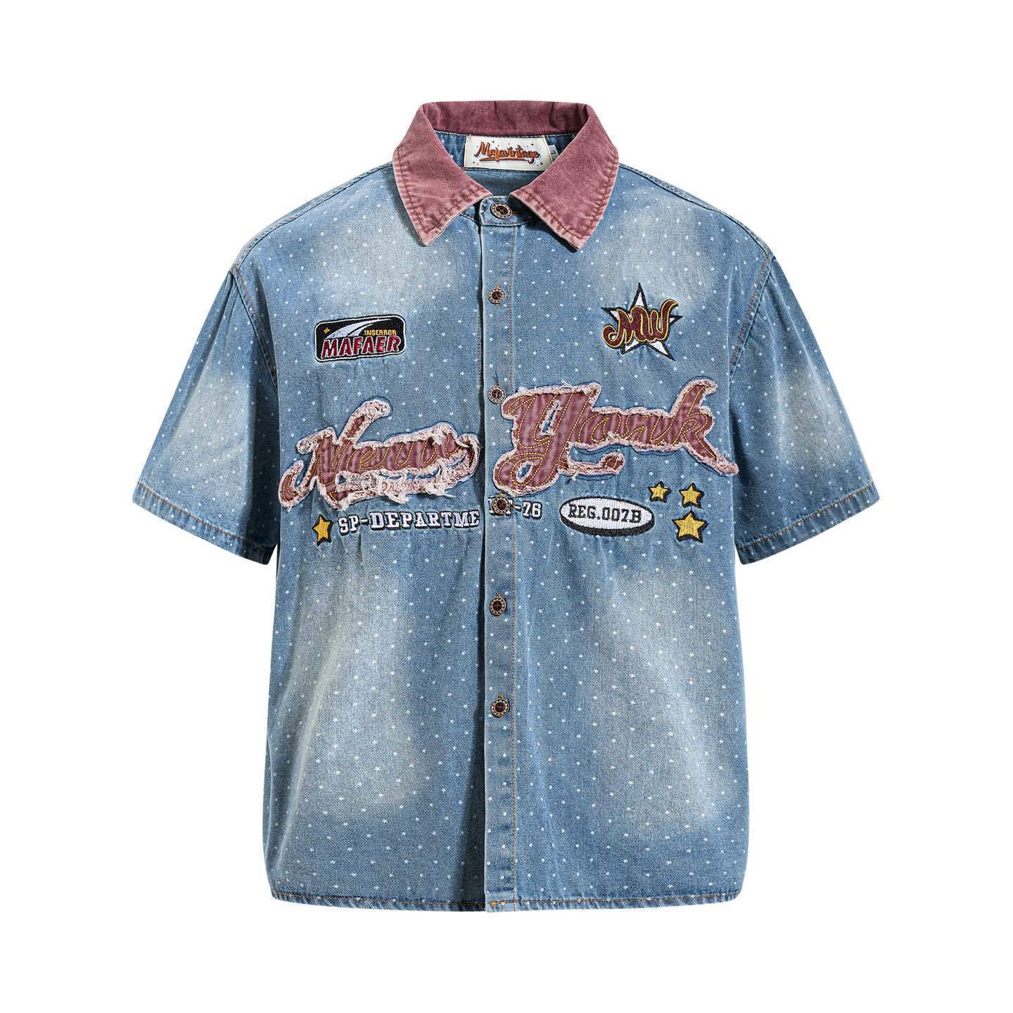 American retro polka dot washed denim shirt short-sleeved patch embroidered couple shirt M