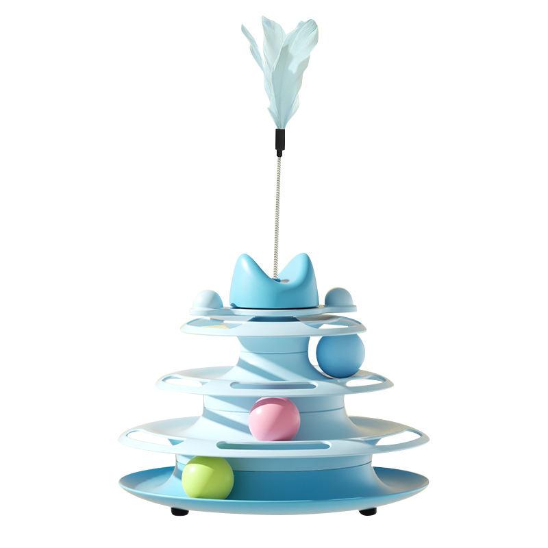 1pcs 3-Layer Feather Cat Turntable with Fun Toy Ball and Playing Stick - Interactive Toy for Cats