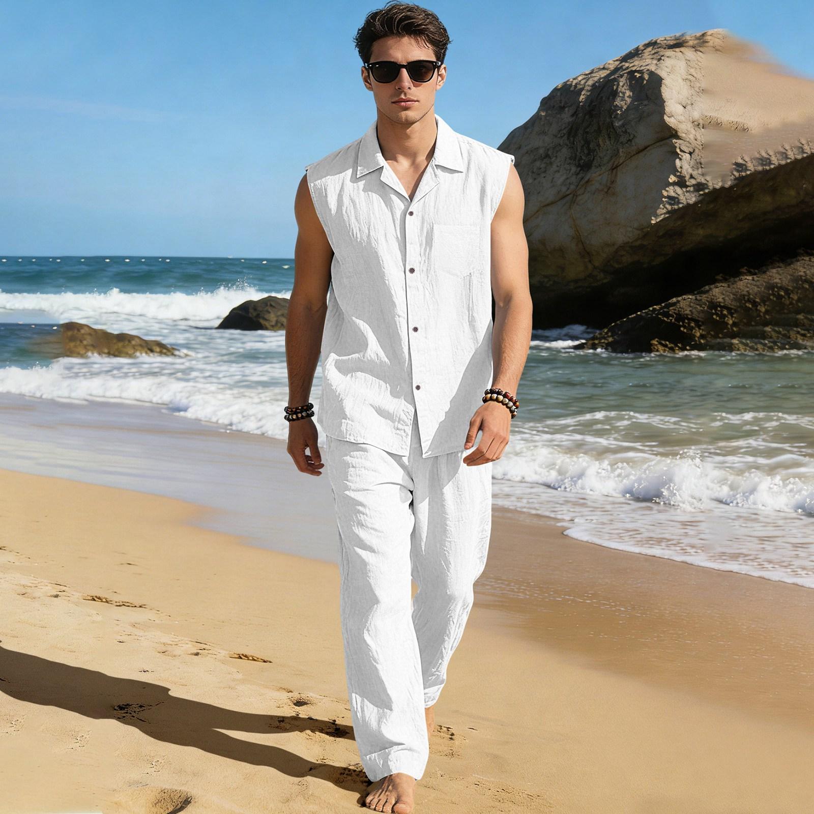 

Men s Sleeveless Shirt With Sports Collar Cotton Plain-colored Shirt And Trousers Set XL білий