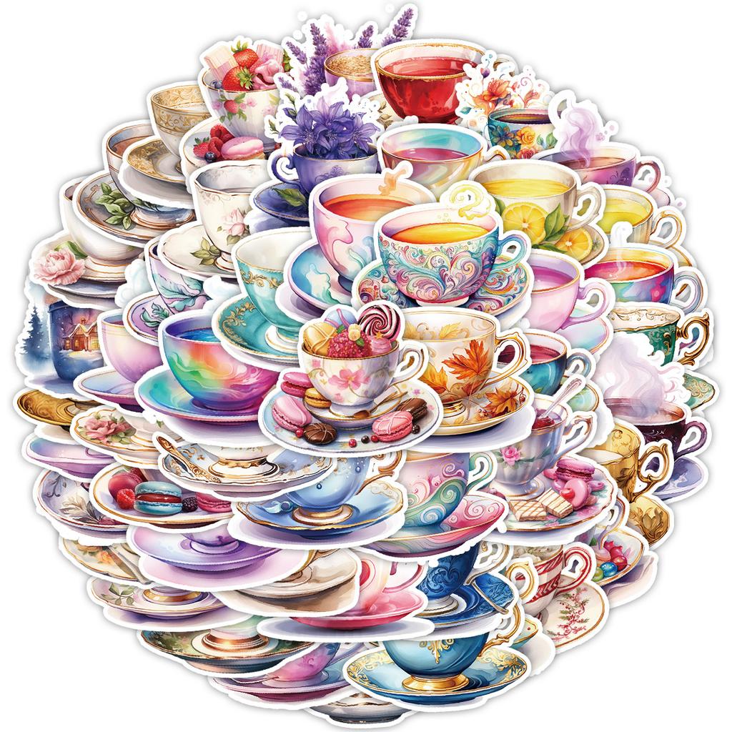 50 Sheets of Watercolor Tea Cup Series Graffiti Stickers, Waterproof Decorative Stickers for Computers, Creative DIY Stickers