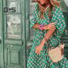 Women V Neck 3/4 Puff Sleeves Maxi Dress Bohemia Floral Print Stitching Flow Hem Loose Fit Beach Long Dress Casual Sundress