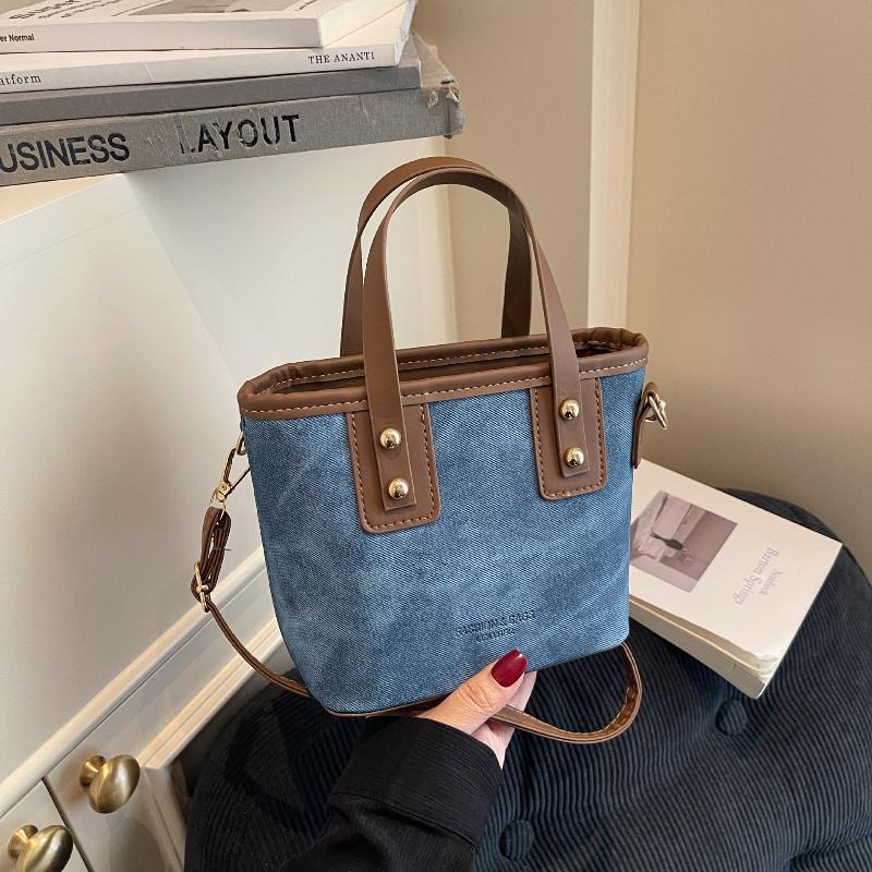 Small Square Crossbody Bag For Women Trendy Versatile Bucket Handheld Bag Color Blocked Shoulder Bag