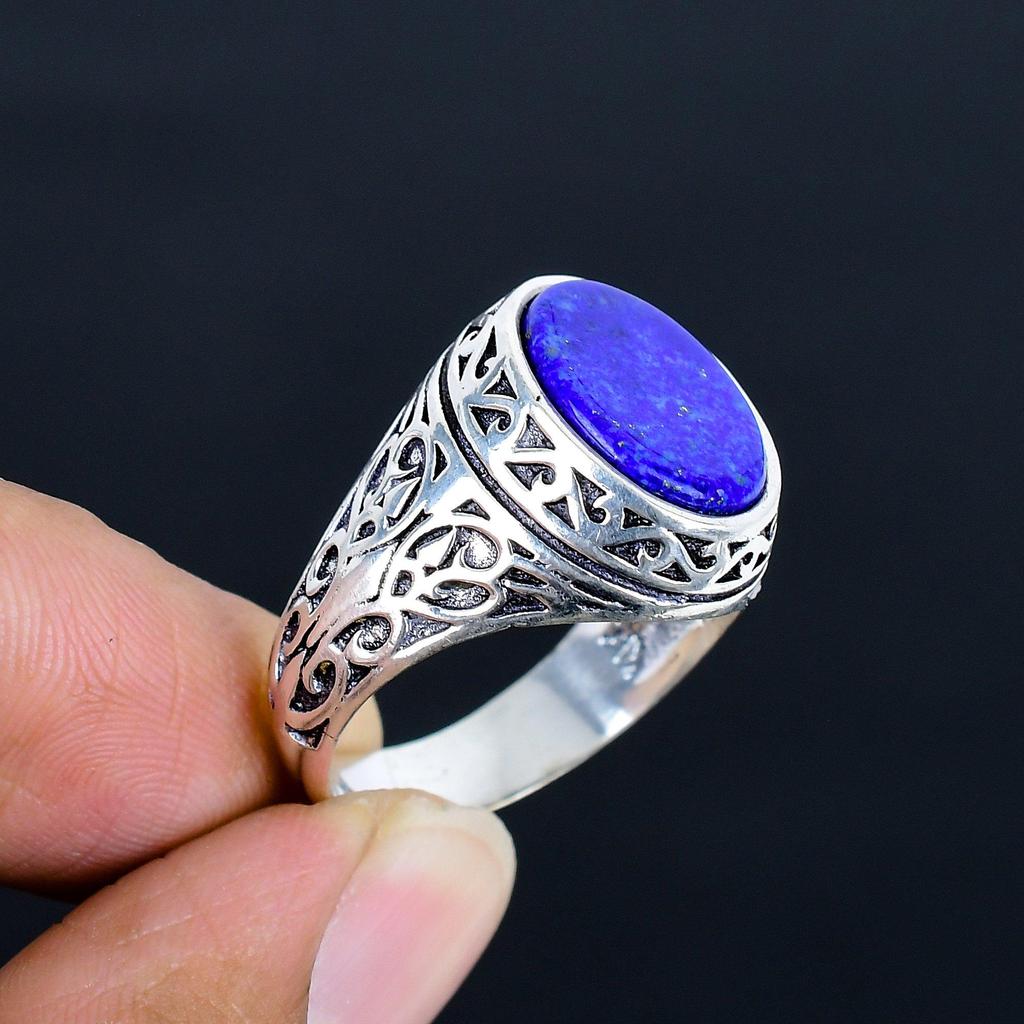 Lapis Lazuli Herrring 925 Sterling Silver Vintage Filigran Sigillring Antik Blå Ädelstenssmycke för Herrar Retro Statement Gåva