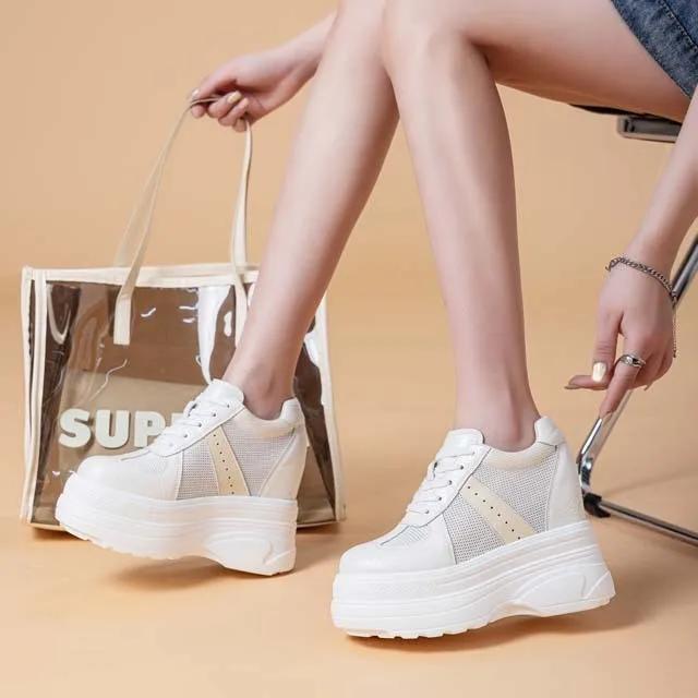 Fashion 11CM Air Mesh Microfiber Leather Platform Wedge High Brand Women Sandals Breathable Flats Chunky Sneakers Hollow Casual Shoes