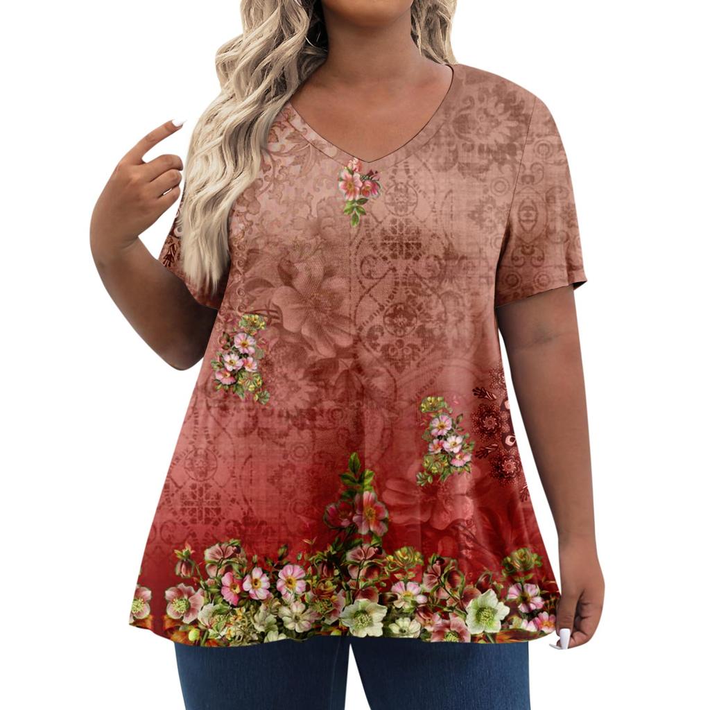Womens Plus Size Tops Shorts Sleeve Shirts V Neck Casual Clothing Clothes Printed Tops