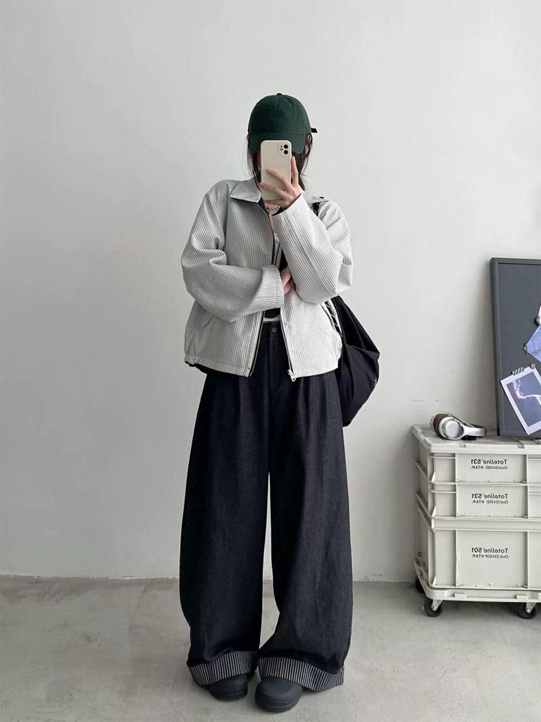Retro Striped Reversible Jacket - Turn-Down Collar, Loose Casual Fit for Spring & Autumn 2025